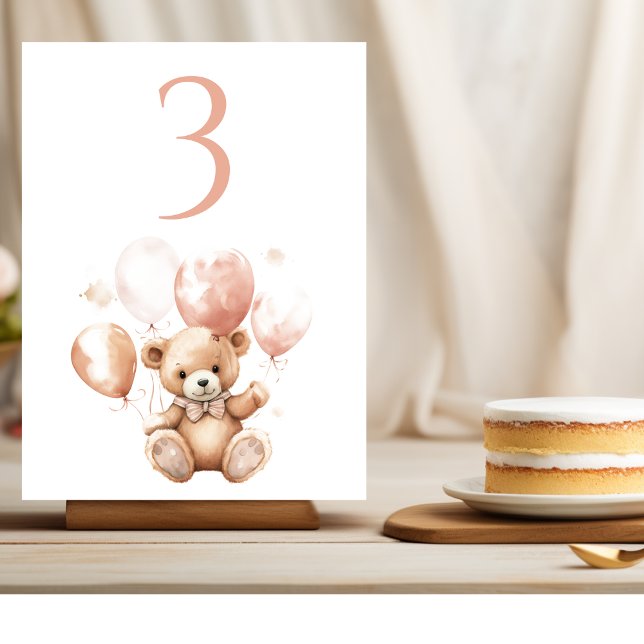 Tarjeta De Mesa Oso lindo con globos | Rosa del bebé (Subido por el creador)