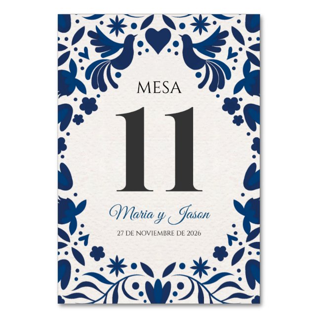 Tarjeta De Mesa Otomi Blue Floral Elegant Fiesta Spanish Wedding (Anverso)