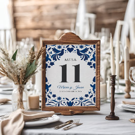 Tarjeta De Mesa Otomi Blue Floral Elegant Fiesta Spanish Wedding