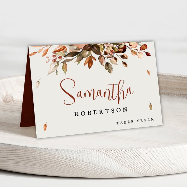 Tarjeta De Mesa Otoño El Otoño Deja El Nombre De Huésped Rústico (Autumn Fall wedding place card with printable / customizable guest name and table number)
