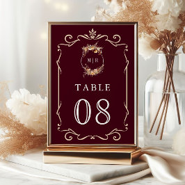 Tarjeta De Mesa Otoño Escudo de Flor Silvestre Borgoña Boda