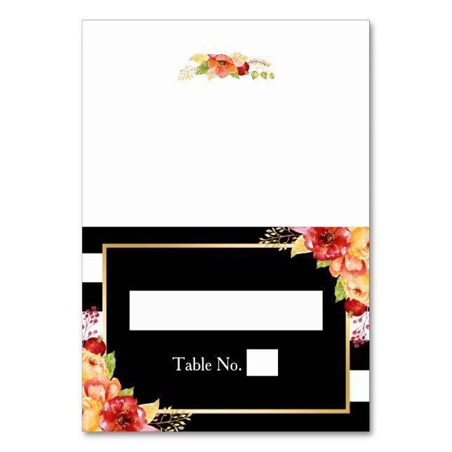 Tarjeta De Mesa Otoño Floral Black White Stripes Boda Place (Anverso)