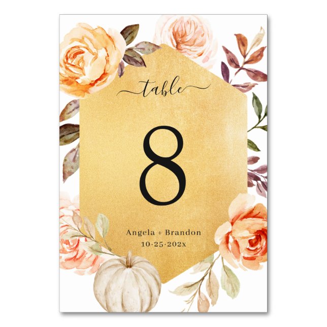 Tarjeta De Mesa Otoño Floral Luxurious Gold Look Fall Wedding (Anverso)
