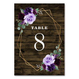 Tarjeta De Mesa País Rústico Floral Morado y Boda de Madera Dorada