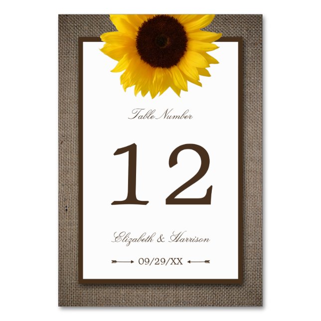Tarjeta De Mesa País Rústico Girasol y Boda Burlap (Anverso)