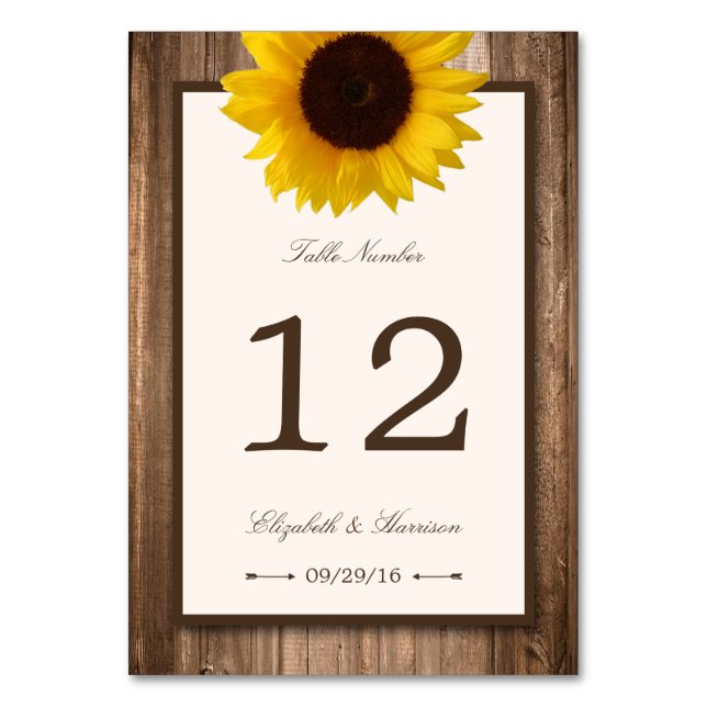Tarjeta De Mesa País Rústico Girasol y Boda de Madera Marrón (Anverso)
