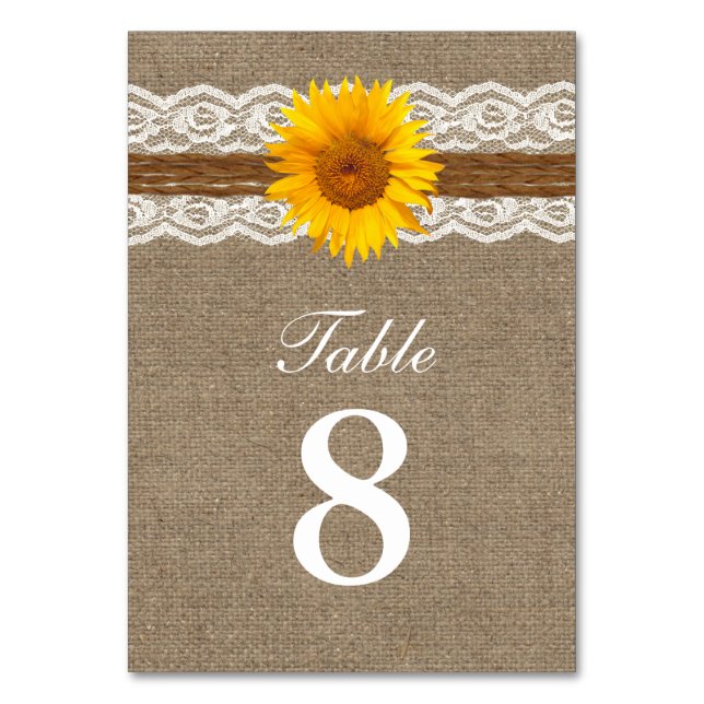 Tarjeta De Mesa País Sunflower Twine Lace & Burlap Boda (Anverso)