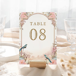 Tarjeta De Mesa Pájaros románticos se sonrojan de rosa floral boda