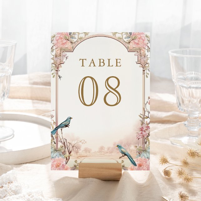 Tarjeta De Mesa Pájaros románticos se sonrojan de rosa floral boda (Subido por el creador)