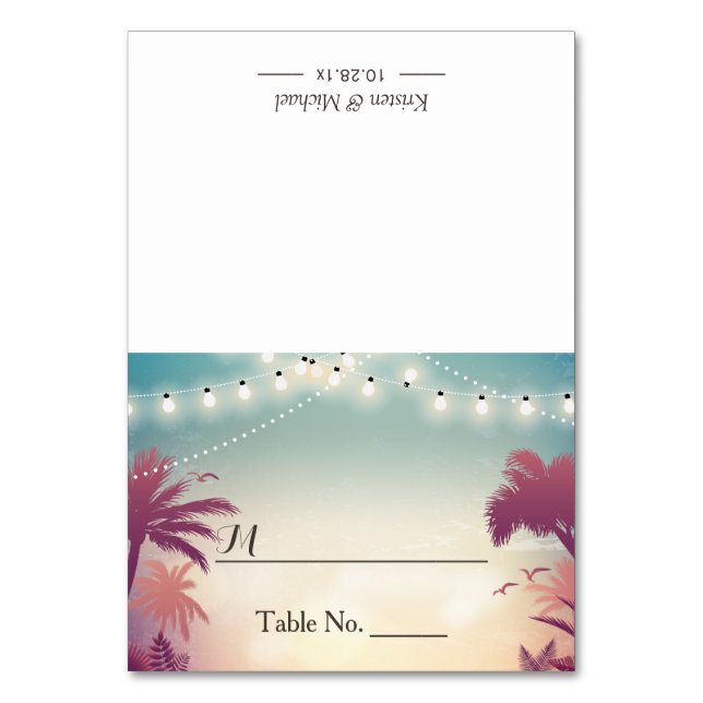 Tarjeta De Mesa Palm Beach String Luces Boda al aire libre (Anverso)