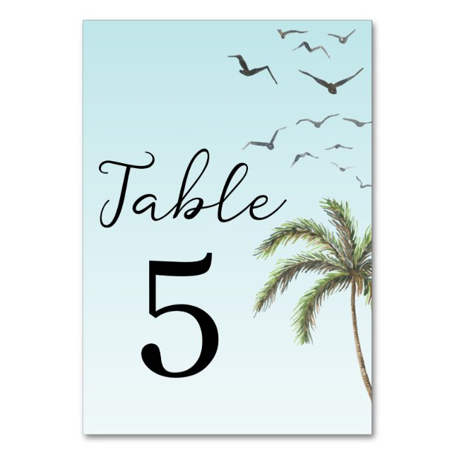 Tarjeta De Mesa Palm Tree and Birds Simple Beach Wedding (Anverso)
