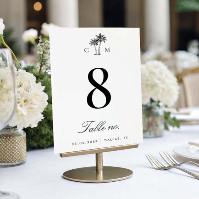 Tarjeta De Mesa Palm Tree Monogram Elegant Beach Wedding (Subido por el creador)