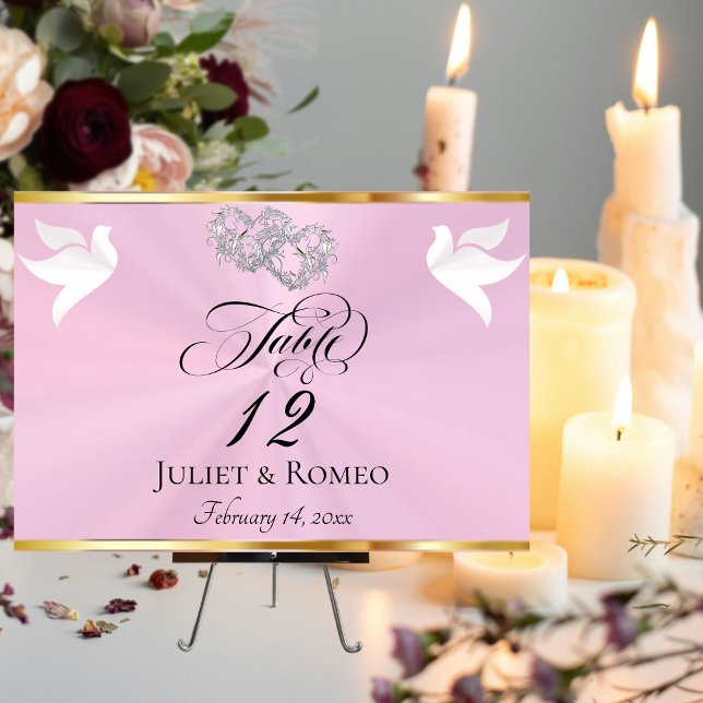 Tarjeta De Mesa Palomas y Corazones - Rosa Pastel/Plata (Subido por el creador)