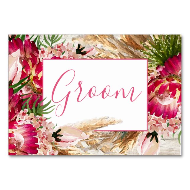 Tarjeta De Mesa Pampas Grass Protea Floral Moderno Groom Boda (Anverso)