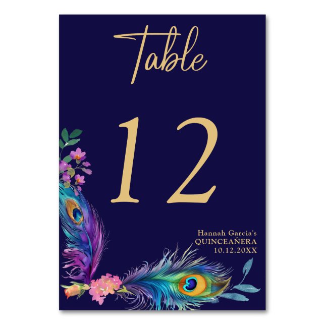 Tarjeta De Mesa Pañuelas de pavo real y flores Quinceañera (Anverso)