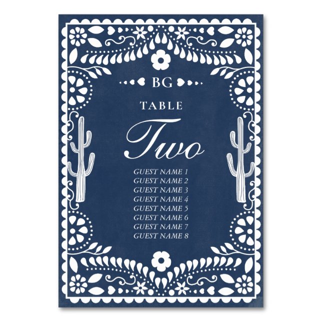 Tarjeta De Mesa Papel Picado Boda Mexican Rustic Blue Wedding (Anverso)