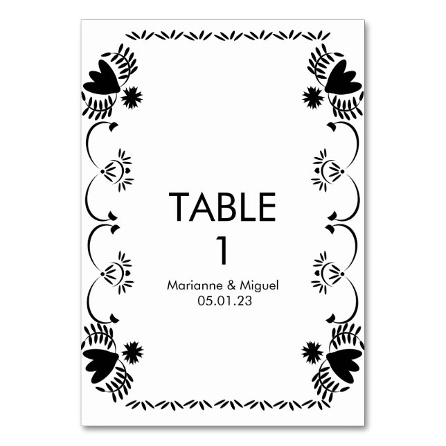 Tarjeta De Mesa Papel Picado Floral Boda Mexicana Blanco Negro (Anverso)