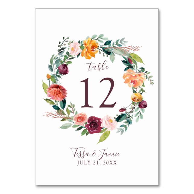 Tarjeta De Mesa Paprika Burgundy Floral Table Number Card (Anverso)