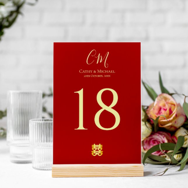 Tarjeta De Mesa Pareja de iniciales boda chino moderno rojo (Subido por el creador)