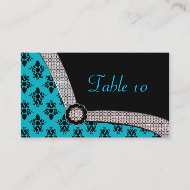 Tarjeta De Mesa Parkle Aqua Blue & Black Damask Gem (Anverso)