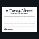 Tarjeta De Mesa Partido Hecho En Cartas De Asesoramiento Matrimoni<br><div class="desc">Estas preciosas tarjetas de consejo matrimonial serán el complemento perfecto para tu recepción de bodas. Este diseño presenta una combinación de fuentes negras y las palabras "Asesoramiento matrimonial para una coincidencia hecha en el cielo". La tarjeta dispone de un espacio para que los clientes dejen sus consejos y nombres.</div>