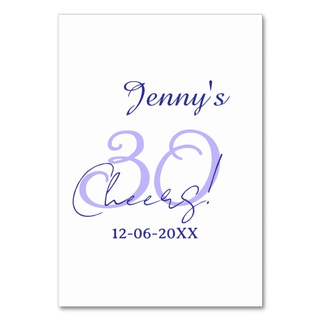 Tarjeta De Mesa Pastel cheers 30th birthday purple elegant name da (Anverso)