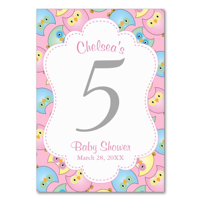 Tarjeta De Mesa Pastel Owl Baby Girl Shower Tema (Anverso)