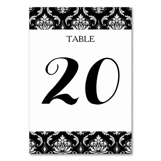 Tarjeta De Mesa Patrón clásico de Damasco floral en blanco y negro (Anverso)