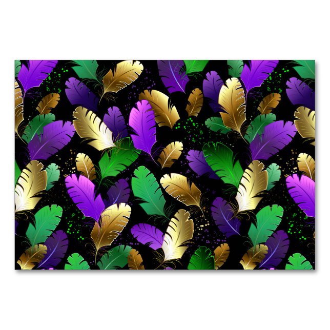 Tarjeta De Mesa Patrón continuo con plumas de Mardi Gras (Anverso)