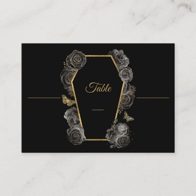 Tarjeta De Mesa Patrón de Boda de Rosas Gótico Negro y Oro (Anverso)