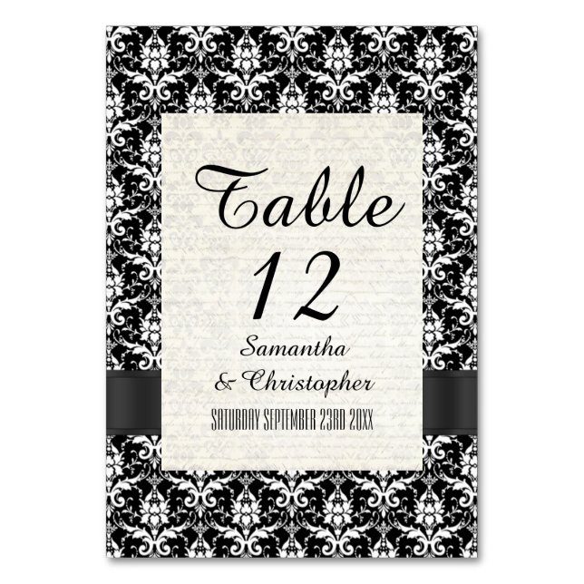 Tarjeta De Mesa Patrón de damasco blanco y negro (Anverso)