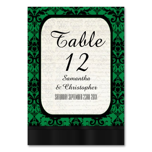 Tarjeta De Mesa Patrón de damasco verde y negro (Anverso)