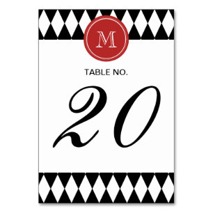Tarjeta De Mesa Patrón Harlequin Blanco Negro, Monograma Rojo