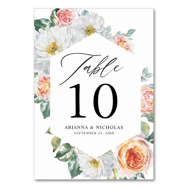Tarjeta De Mesa Peach and White Floral Frame Boda (Anverso)