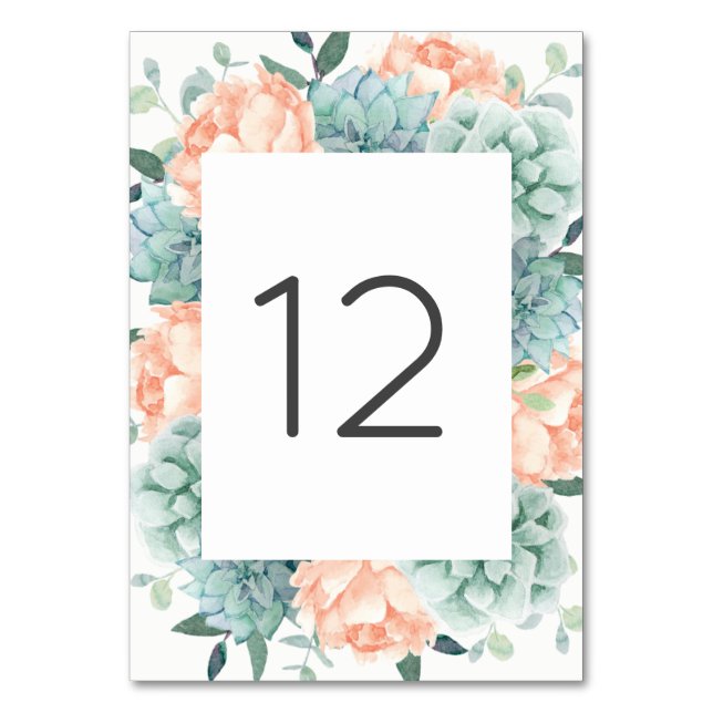 Tarjeta De Mesa Peach Peony Flowers Succulers Número de tabla (Anverso)