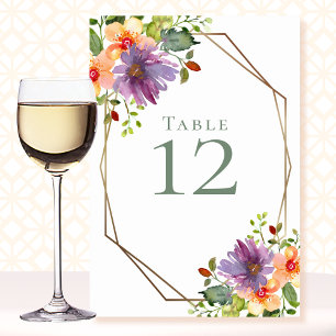 Tarjeta De Mesa Peach Purple Watercolor Floral Octagon Boda