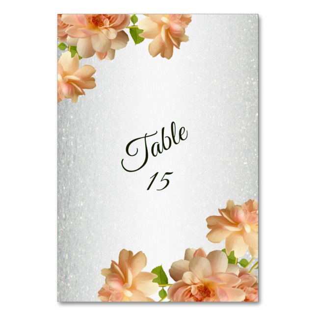 Tarjeta De Mesa Peach Roses Floral Silver Glitter Wedding Party (Anverso)