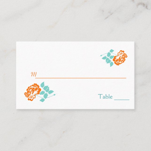 Tarjeta De Mesa Peonía naranja en blanco con placas turquesas (Anverso)
