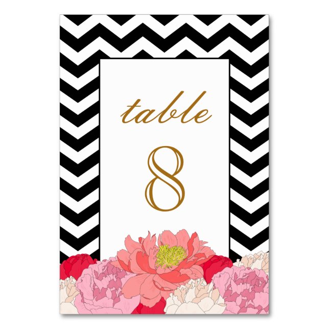 Tarjeta De Mesa Peonías y Chevron (Anverso)