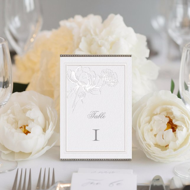 Tarjeta De Mesa Peonies Marfil Doble Marco Formal Elegante Boda (peony wedding table card formal modern classic traditional calligraphy double frame faux embossed)