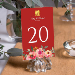 Tarjeta De Mesa Peony floral doble felicidad boda chino rojo
