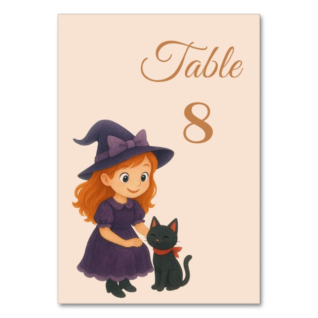 Tarjeta De Mesa Pequeña Bruja y Gato Tema Halloween Baby Shower (Anverso)