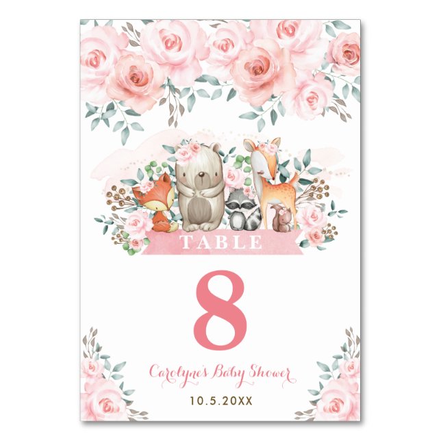 Tarjeta De Mesa Pequeños animales de Woodland Pastel Bebé Floral R (Anverso)