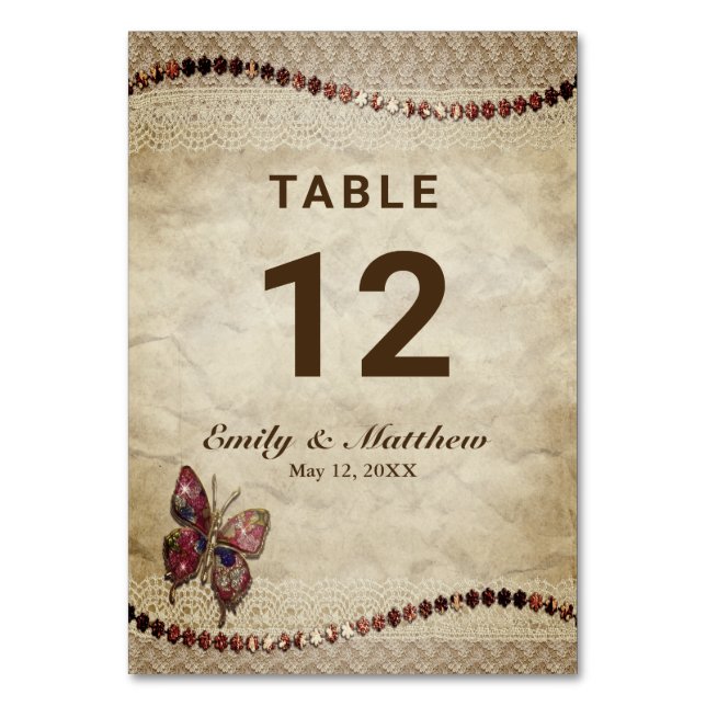 Tarjeta De Mesa Pergamino antiguo, encaje, cuentas, Boda mariposa (Anverso)