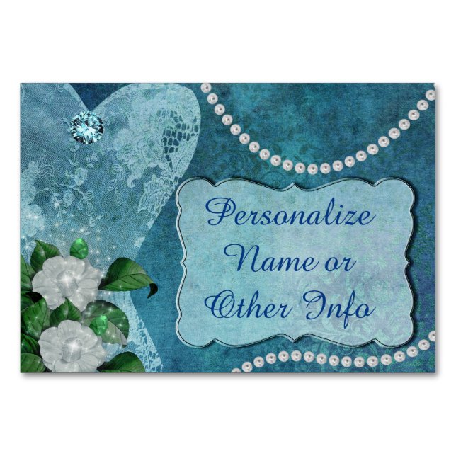 Tarjeta De Mesa Perlas Azules Elegantes & Encaje Personalizado (Anverso)