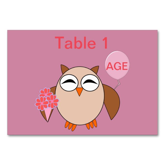 Tarjeta De Mesa Personalizado Age Birthday Owl Tablecard (Anverso)