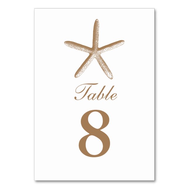 Tarjeta De Mesa Personalizado Brown Starfish Beach Wedding Table N (Anverso)