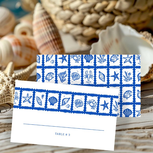 Tarjeta De Mesa Personalizado de casamiento de Seashell Grid Beach (Seashell Grid Beach Wedding CUSTOM Place Card
)