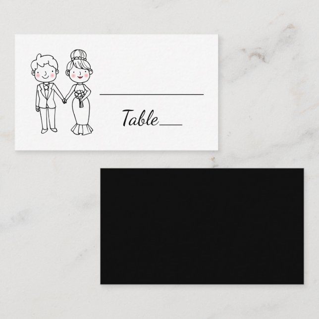 Tarjeta De Mesa Personalizado de Cute Bride Groom Boda blanco negr (Anverso / Reverso)