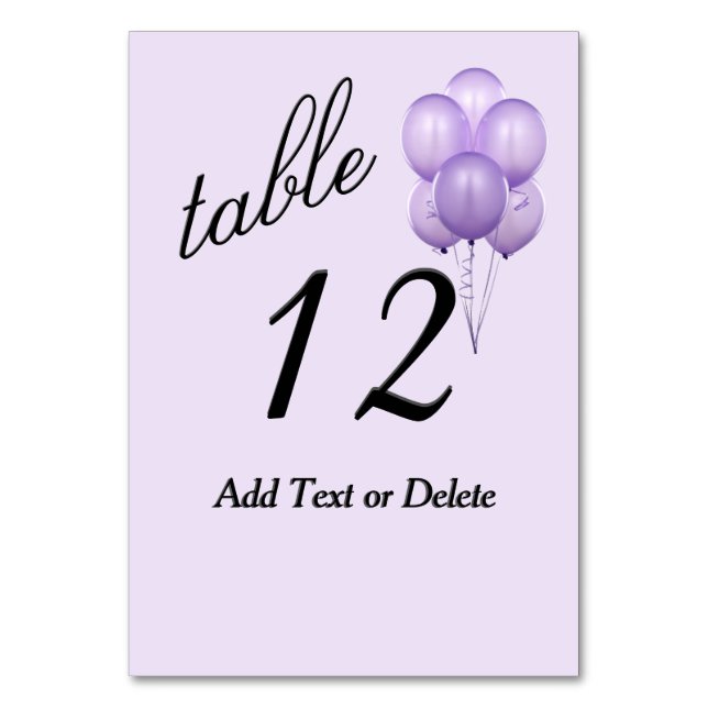 Tarjeta De Mesa Personalizado de globos morados Número de tabla de (Anverso)